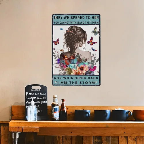 Vista 8 de Letrero de metal de mariposa de aluminio con diseño de niña y mariposa, póster de metal vintage de 8 x 12 pulgadas, letrero de pintura para Chica