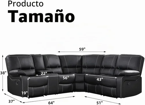 Vista 3 de EBELLO - Juego de sofá modular reclinable manual para sala de estar, sofá modular reclinable de piel sintética suave con consola central, portavasos