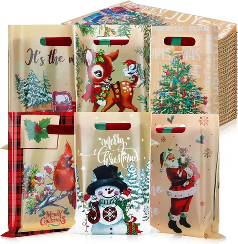 Vista 11 de Sinmoe - 200 bolsas de plástico navideñas de 9 x 12, colores mezclados Con asas, reutilizable para fiestas minoristas de caramelos, diseños