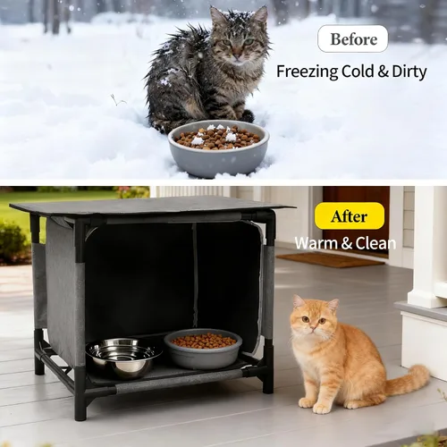 Vista 5 de Casa impermeable para gatos para estación de alimentación de gatos al aire libre, resistente a la intemperie, para gatos callejeros, gatos salvajes