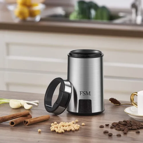 Vista 7 de FSM Molinillo de café eléctrico y molinillo de especias con sistema de bloqueo de seguridad, acero inoxidable con tapa transparente y base