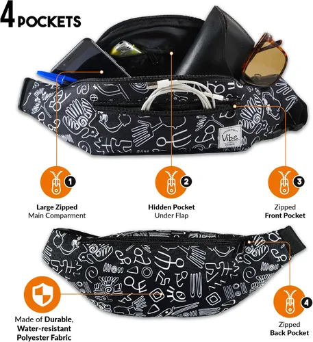 Vista 2 de Riñonera Vibe Festival Gear para hombre y mujer, muchos estampados, negro holográfico, plateado, dorado, bonita riñonera para festival rave
