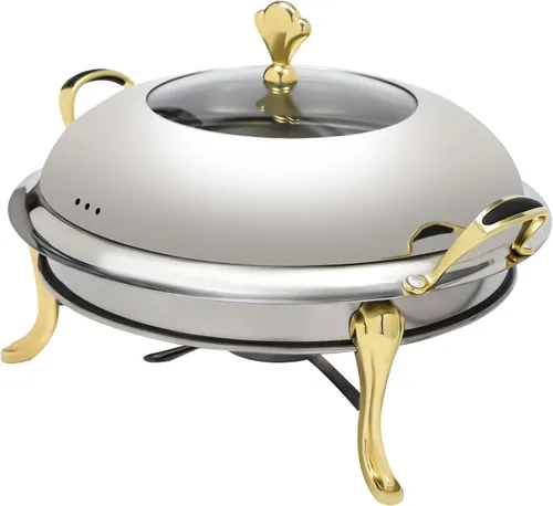 Vista 5 de Plato redondo para rozar, de acero inoxidable, para bufé, 2.5 L, calentadores de bufé con soporte de combustible (9.4 in dorado)