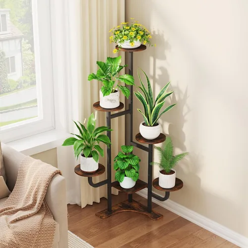 Vista 2 de Homsorout Soporte de esquina para plantas con luz de crecimiento, soporte para plantas de 6 niveles, estante redondo de metal para plantas con luz