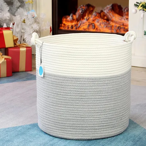 Vista 7 de Casaphoria Cesta de cuerda de algodón tejida con asa para dormitorio, cesta de almacenamiento redonda para baño, canasta grande para manta para sala