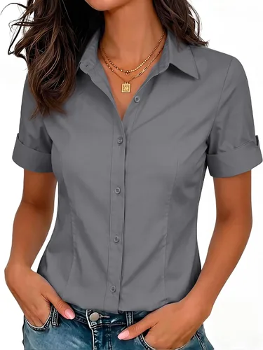 Vista 16 de siliteelon Camisas de vestir de manga corta con botones para mujer, camisas de algodón con botones para mujer, blusa ajustada de manga 3/4 Beige