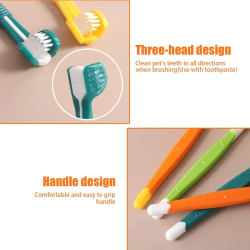 Vista 4 de Cepillo de dientes para perros, cepillo de dientes de 3 caras, 4 cepillos de dientes de triple cabeza para perros para el cuidado dental con cerdas