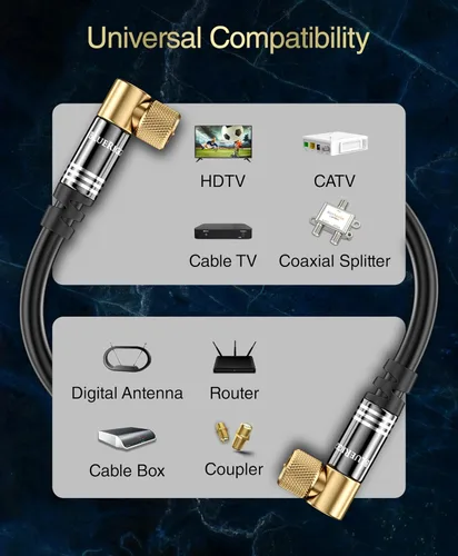 Vista 4 de Cable coaxial BlueRigger RG6 (1.5 pies, conector de 90° a conector de 90° con pin, chapado en oro, triple blindaje) – Cable coaxial de audio y video