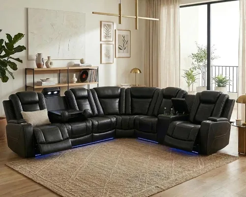 Vista 7 de Sofá seccional de cuero transpirable con sillón reclinable de doble potencia, sofá reclinable en forma de L de 6 plazas para sala de estar, sofá