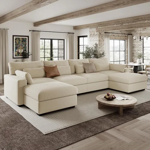Vista 12 de Sofá modular de 146.5 pulgadas, sofás extra profundos en forma de U para sala de estar, sofá de felpilla de 4 asientos con patas de madera, otomana
