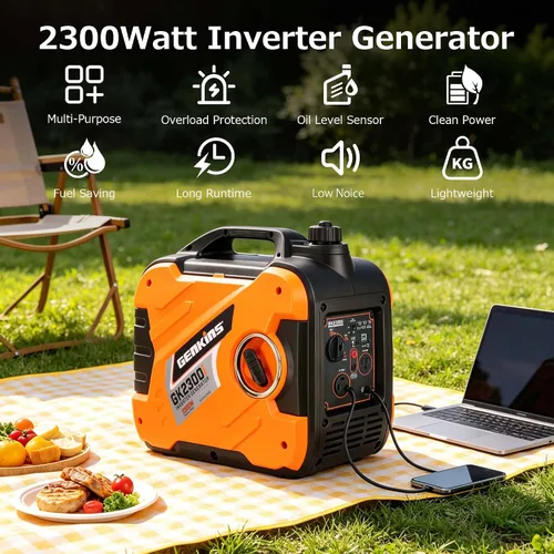 Vista 2 de Genkins Generador inversor portátil de 2300 vatios ultra silencioso a gas, listo para vehículos recreativos, cumple con CARB y EPA, envío a los 50