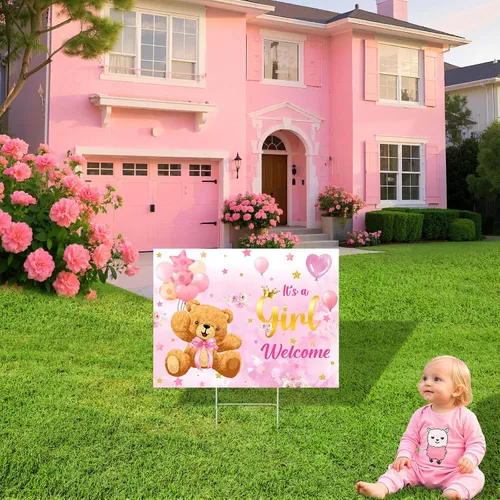 Vista 2 de Letrero de bienvenida para el patio de la niña con tema de oso lindo cartel de baby shower con estaca rosa revelación de género decoración de césped
