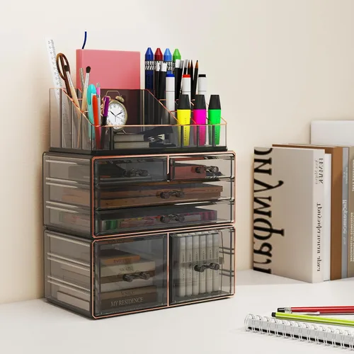 Vista 8 de Delamu Organizador de maquillaje de 3 niveles y 6 cajones para encimera, organizador de cosméticos para tocador y tocador, organizador de baño, Negro