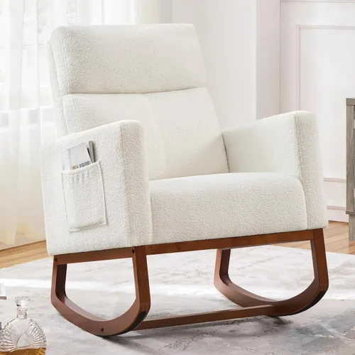 Vista 10 de Yaheetech Mecedora, moderna silla deslizante, sillón reclinable con patas de madera y bolsillo lateral, silla mecedora para guardería con respaldo