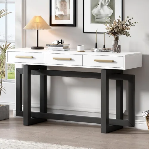 Vista 19 de Mesa consola de madera para sofá con 3 cajones y 3 cestas de almacenamiento, multifuncional de 47 pulgadas de largo, mesa de entrada, gabinete