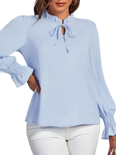 Vista 4 de Rooscier Blusa elegante de manga larga con volantes y cuello alto falso para mujer