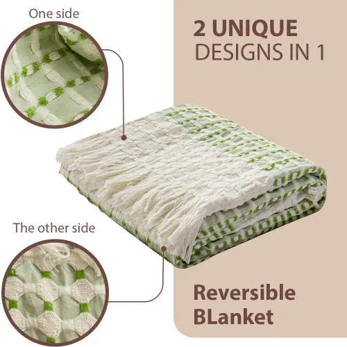 Vista 2 de Simple&Opulence Manta de 100 % algodón para cama, sofá, tejido jacquard de hilo teñido con borlas, suave, ligera, acogedora, transpirable, Verde