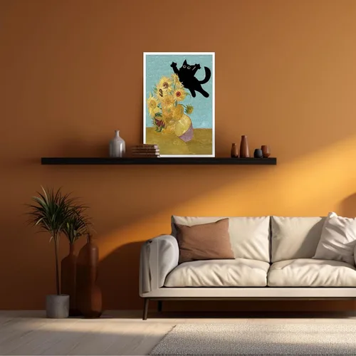 Vista 5 de Póster de Arte Gracioso de Gato Negro Vintage Van Gogh Girasol Gato Impreso en Lienzo Arte de Pared de Gato Lindo Estética de Animales