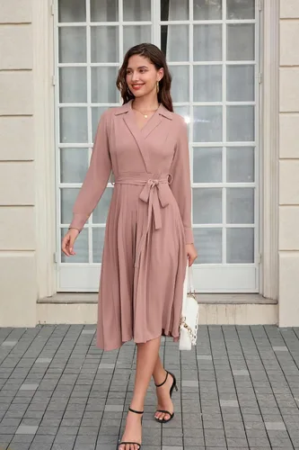 Vista 8 de GRACE KARIN Vestidos de trabajo de manga larga con cuello en V para mujer, vestidos de trabajo de manga larga con cuello en V para negocios, midi