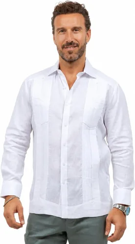 Vista 3 de Mojito - Camisa guayabera de manga larga para hombre, 100% lino, diseño de 2 bolsillos Azul