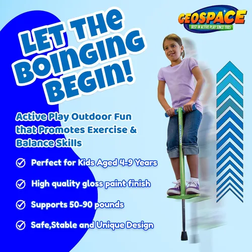 Vista 3 de Geospace Jumparoo BOING! JR. Steel POGO STICK by Air Kicks, pequeño para niños de 50 a 90 libras, diversión activa al aire libre que promueve