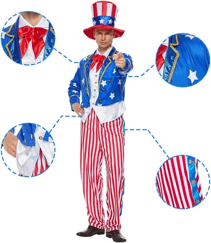Vista 5 de ReneeCho Conjunto de disfraz de tío Sam para hombre, traje para adultos, 4 de julio, Día de la Independencia americana, vestido de fiesta patriótica