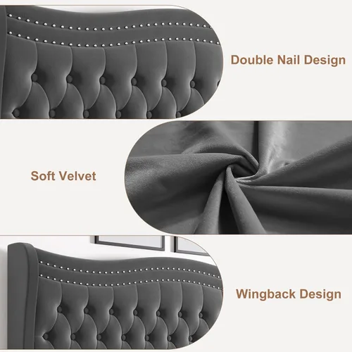 Vista 7 de Estructura de cama Full con cabecera y pie de cama altos, estructura de cama plataforma tapizada en terciopelo con respaldo tipo alas acolchado