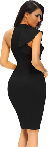 Vista 3 de Vestido de fiesta de cóctel ajustado a la moda con volantes de un hombro sin mangas para mujer