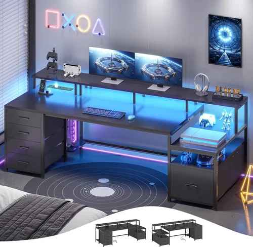 Vista 12 de SEDETA Escritorio para computadora con 5 cajones, toma de corriente, luces Negro con luces LED