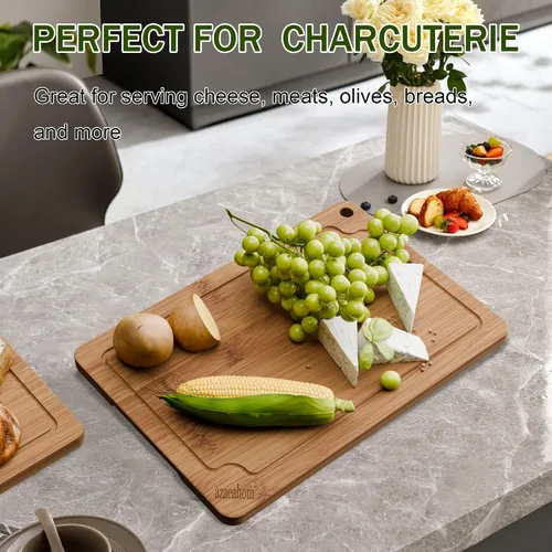 Vista 8 de Tablas de cortar de bambú para cocina, juego de tablas de cortar de madera con ranuras para jugos y asas incorporadas, fácil almacenamiento