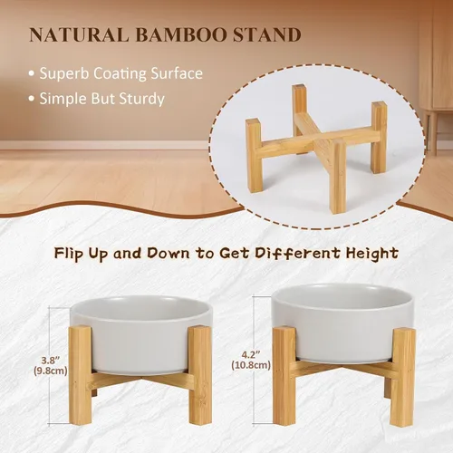 Vista 5 de Cuenco elevado de cerámica para gatos - Cuenco de comida para gatos con soporte de bambú - Plato elevado de comida para perros para cachorros - Verde
