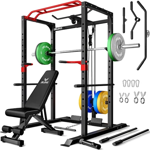 Vista 15 de Jaula de potencia JELENS, banco multifunción S11 con capacidad de 2000LBS, barra para sentadillas con sistema de poleas ajustable y más accesorios