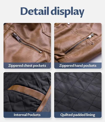 Vista 7 de CREATMO US Chaqueta de piel sintética para hombre, impermeable, resistente al viento, PU con capucha extraíble