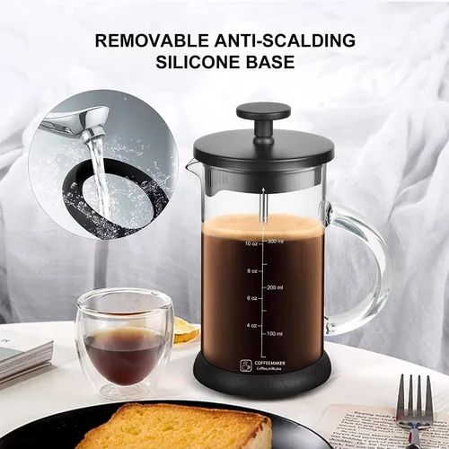 Vista 6 de YMMIND Cafetera de prensa francesa de 12 onzas, cafetera de té espresso con sistema de 4 filtros, émbolo de acero inoxidable y vidrio de Negro