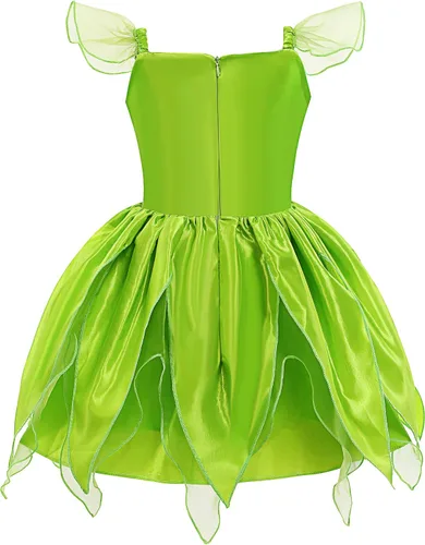 Vista 3 de Kosgraiy Disfraz de Campanilla para niñas, vestido de hada para niñas pequeñas con orejas y alas de elfo duendecillo, vestido de princesa de hadas
