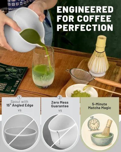 Vista 5 de Nucookery Juego de batidor de matcha, juego de 5 piezas de matcha con cuenco de cerámica de 18 onzas (Chawan) con boquilla, batidor de bambú