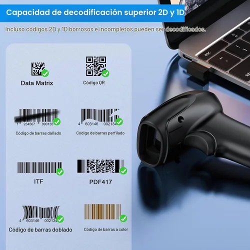 Vista 5 de Symcode Escáner de Código de Barras Inalámbrico 2D, Bluetooth6.0 y Inalámbrico2.4G y Conexión USB por Cable, Escáner Lector de Códigos de Barras QR