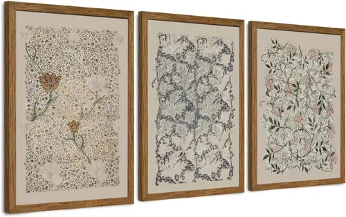Vista 11 de Krtoni 3 piezas de arte de pared vintage enmarcadas de William Morris, impresiones de lienzo floral abstracto neutro, rústico, bohemio, flores