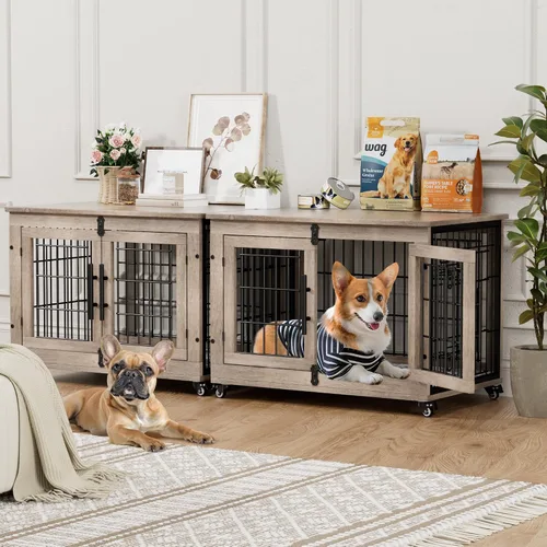 Vista 16 de YaFiti Mueble de jaula para perros con cojín, perrera de madera para interiores con puertas dobles, jaula para perros con ruedas, mesa auxiliar