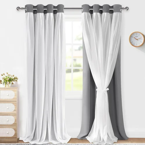 Vista 12 de XWZO Cortinas 100% opacas de doble capa para guardería, cortinas opacas con superposición transparente para dormitorio de niñas, cortinas