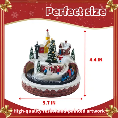 Vista 2 de Decoración de aldea navideña con tren giratorio y árbol de Navidad, edificios coleccionables musicales, 8 canciones, luces LED, función