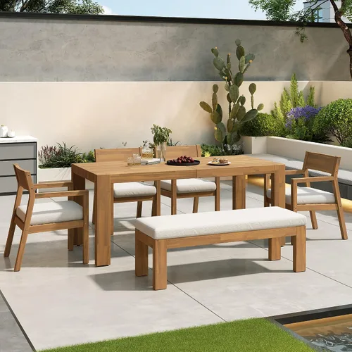 Vista 2 de RUNNA Juego de mesa de comedor de 6 piezas, juegos de muebles de exterior con agujero para paraguas, mesa rectangular de 71 pulgadas, sillas y banco