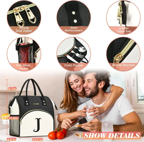 Vista 5 de Bolsa de almuerzo personalizada para mujer, elegante, reutilizable, aislada, con iniciales, para amiga, grande, de apertura ancha, resistente al