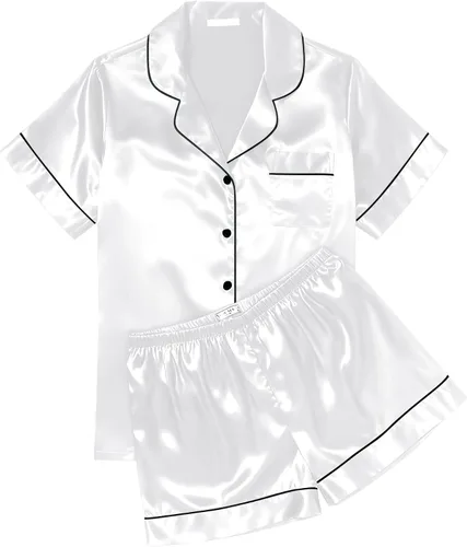 Vista 33 de Ekouaer Conjunto de pijama de satén de seda para mujer, suave, de manga corta, con botones, ropa para dormir, camiseta y pantalones cortos, juego