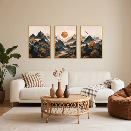 Vista 67 de Celestdeco Juego de arte de pared en lienzo abstracto y neutro grande con marco naranja, moderno y minimalista para pared, diseño geométrico bohemio