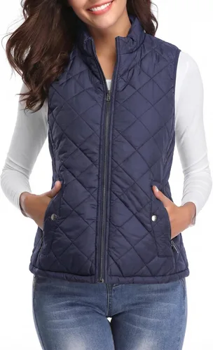 Vista 8 de Fuinloth Women's Quilted Vest Lightweight Puffer Stand Collar Zip Gilet Beige