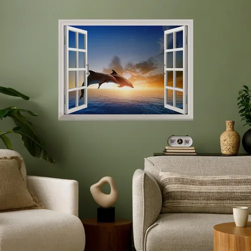 Vista 8 de wall26 Adhesivo de pared con vista lateral de la bahía al atardecer, mural de pared con ventana abierta, no despegar ni pegar, papel tapiz no tejido