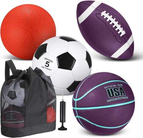 Vista 10 de Lenwen Juego de 4 pelotas deportivas, incluye tamaño oficial de baloncesto, fútbol, fútbol, parque infantil, bolsa de equipamiento