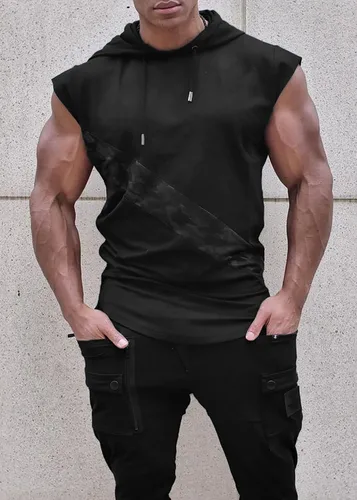 Vista 4 de MECH-ENG Camiseta sin mangas con capucha para hombre, camiseta atlética sin mangas, para culturismo, fitness, recortada, sudadera con capucha