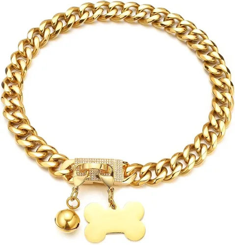 Vista 6 de Collar de cadena de perro resistente, de acero inoxidable con oro de 18 quilates, collar de ahorque, con hebilla de seguridad de diamantes